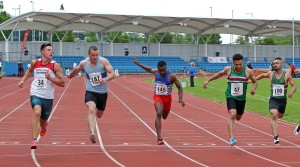 Senior mens 100 metres, from left to right: Christian Carson (Gateshead) winner, 2nd Ben Stephenson (Middlesbrough AC), 4th Demetric Nelson (Bingley), and 3rd Aarron Crowley (Sale Harriers)