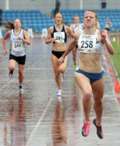 Jacqueline Fairchild (Trafford AC) wins the senior womens 1500 metres.