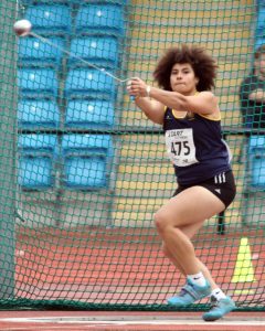 Maggie Okul (kingston upon Hull) wins the under-20s womens hammer.