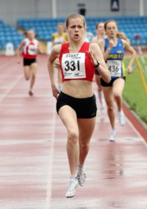 Tilly Simpson (Hallamshire Harriers) wins the under-20s 800 metres.