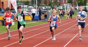 Jacob Halford (City of York) 17 wins from Archie Dowds (Preston Harriers) 10 and 3rd Finlay McIntyre (NSP) 26 boys 100 metres, Northern Under-17s/U-15s and U13s Champs, Leigh Sports Village, Leigh. Photo: David T. Hewitson/Sports for All Pics