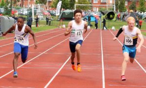 Jamall Walters (Trafford AC) 194 wins, Thomas Eccleson (Wirral AC) 127 3rd and Ben Baston (Crewe and Nantwich) 2nd, boys under-15s 100 metres, Northern Under-17s/U-15s and U13s Champs, Leigh Sports Village, Leigh. Photo: David T. Hewitson/Sports for All Pics