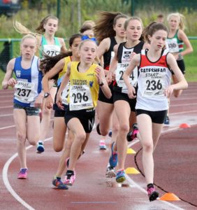 Ines Curran (Gateshead Harriers) leader the girls under-15s 1500 metres, Northern Under-17s/U-15s and U13s Champs, Leigh Sports Village, Leigh. Photo: David T. Hewitson/Sports for All Pics