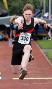Finlay Campbell (Wigan and District) wins the mens under-17s triple jump, Northern Under-17s/U-15s and U13s Champs, Leigh Sports Village, Leigh. Photo: David T. Hewitson/Sports for All Pics
