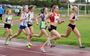 Tilly Simpson (Hallamshire Harriers) and Mya Taylor (Rotherham Harriers) lead the womens under-17s 1500 metres, Northern Under-17s/U-15s and U13s Champs, Leigh Sports Village, Leigh. Photo: David T. Hewitson/Sports for All Pics
