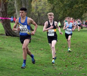 Ethan Hussey (Leeds AC) leads from Henry Johnson (Houghton Harriers) on the first leg of the boys under-15s