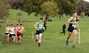 Joshua Dickinson (City of York) leads the under-17 mens Northern Cross Country Relays.