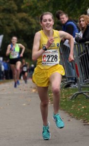 Ella McNiven brings Liverpool Harriers and AC home to victory in the womens under-17s 3 stage road relay, 2017
