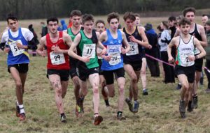 51 Emile Cairess (Leeds City AC), 29 Cameron Bell (Hallamshire Harriers), 17 Angus McMillan (City of York), 75 Nathan Dunn (Preston Harriers), 45 Baldvin Magnusson (Kingston Upon Hull AC) and 22 Hedley Hardcastle (Derby AC) lead the mens junior 2018 Northern Cross Country Champs., Harewood House, Leeds. Photo: David T. Hewitson/Sports for All Pics