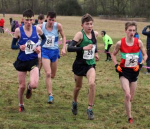 57 Rory Leonard (Morpeth Harriers), 26 Joshua Dickinson (City of York), Euan Brennan (Ilkley Harriers) and 84 Josh Cowerthwaite (Middlesbrough AC) lead the mens under-17s 2018 Northern Cross Country Champs., Harewood House, Leeds. Photo: David T. Hewitson/Sports for All Pics