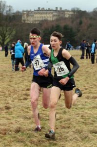Backdrop Harewood House, 57 Rory Leonard (Morpeth Harriers) and 26 Joshua Dickinson (City of York) lead the mens under-17s 2018 Northern Cross Country Champs., Harewood House, Leeds. Photo: David T. Hewitson/Sports for All Pics
