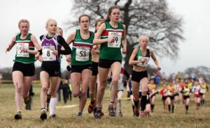 Leaders of the womens junior race, 49 Francesca Brint, eventual winner, 53 Juliet Downs, 51 Claudia Cowen (all Sale Harriers Manchester), and 8 Becky Briggs (City of Hull), 2018 Northern Cross Country Champs., Harewood House, Leeds. Photo: David T. Hewitson/Sports for All Pics