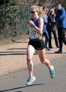 Fastest short leg runner Claire Duck (Leed City AC) leads in the womens 6 stage relqy Northern 6 Stage Road Relay Champs., Birkenhead Park. Photo: David T. Hewitson/Sports for All Pics