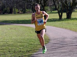 Fastest long leg Ross Millington (Stockport Harriers) leads on the first leg of the mens 12 stage relay Northern 12 Stage Road Relay Champs., Birkenhead Park. Photo: David T. Hewitson/Sports for All Pics