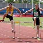 Ben Schofield (City of York) wins the under-20s 400 metres hurdles from Jack Berwick (Amber Valley and Erewash AC), Northern Senior and Under-20s Champs., Sports City, Manchester. Photo: David T. Hewitson/Sports for All Pics