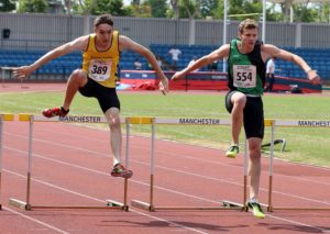 Ben Schofield (City of York) wins the under-20s 400 metres hurdles from Jack Berwick (Amber Valley and Erewash AC), Northern Senior and Under-20s Champs., Sports City, Manchester. Photo: David T. Hewitson/Sports for All Pics
