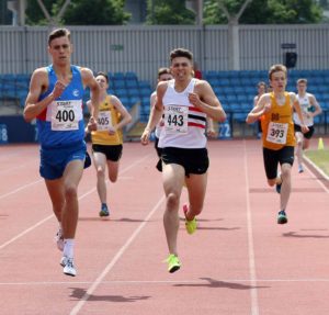 Tiarnan Crorken (Preston Harriers) wins the under-20s 800 metres from Archie Hutchinson (Wellington AC), Northern Senior and Under-20s Champs., Sports City, Manchester. Photo: David T. Hewitson/Sports for All Pics
