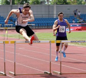 William Ritchie-Moulin (Durham University AC) wins the senior mens 400 metres hurdles, Northern Senior and Under-20s Champs., Sports City, Manchester. Photo: David T. Hewitson/Sports for All Pics