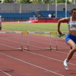 Abi Fitzpatrick (Sale Harriers) 551 winner, Anna Nicole Rowe (Livepool Harriers) 354 2nd and Nisha Desai (Trafford) 3rd, senior womens 400 metres hurdles, Northern Senior and Under-20s Champs., Sports City, Manchester. Photo: David T. Hewitson/Sports for All Pics