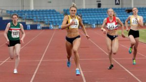 Naimh Emerson (Amber Valley and Erewash AC) wins the under-20s womens 200 metres, Northern Senior and Under-20s Champs., Sports City, Manchester. Photo: David T. Hewitson/Sports for All Pics