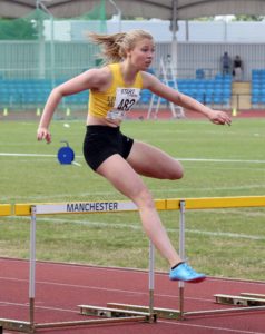 Steph Driscoll (Liverpool Harriers) wins the womens under-20s 400 metres hurdles, Northern Senior and Under-20s Champs., Sports City, Manchester. Photo: David T. Hewitson/Sports for All Pics